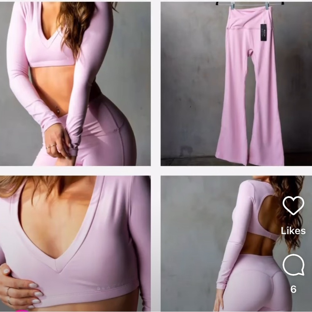 Yoga Pink Long Sleeve Crop Top and Flare Pants Set NWOT